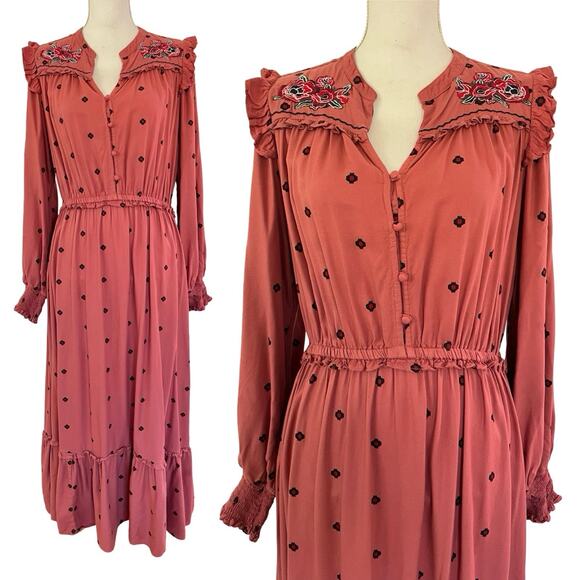 Farmers Market Embroidered V Neck Floral Maxi Dress Size L Coral Boho Trad Wife - Picture 1 of 9